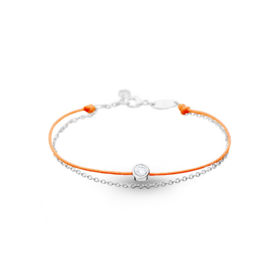 Bracelet Clear Spirit Elsa Lee Paris, oxyde de Zirconium serti clos sur cordon ciré orange et chaîne en argent 