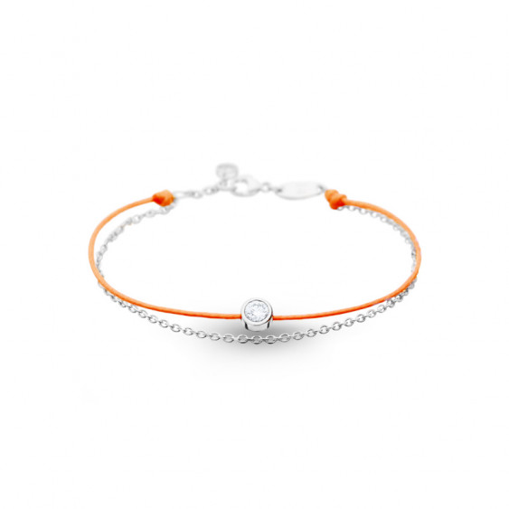 Elsa Lee Paris Clear Spirit bracelet, with close set Cubic Zirconia on an orange cotton waxed lace and silver chain