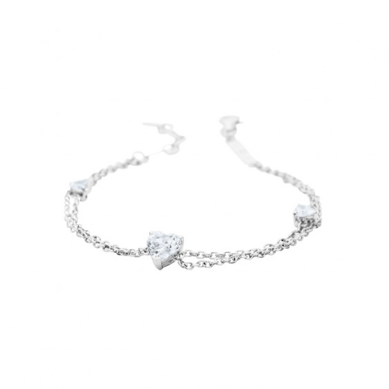 Elsa Lee Paris sterling silver 2 chains bracelet, with 3 heart shaped Cubic Zirconia