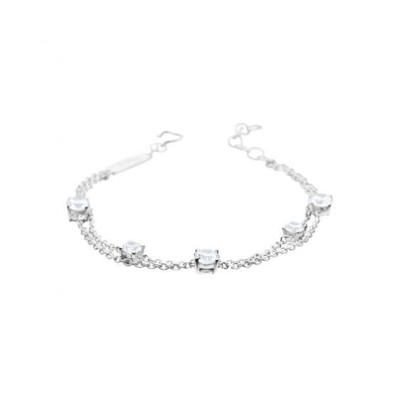 Elsa Lee Paris sterling silver 2 chains bracelet, with 5 princess cut clear Cubic Zirconia