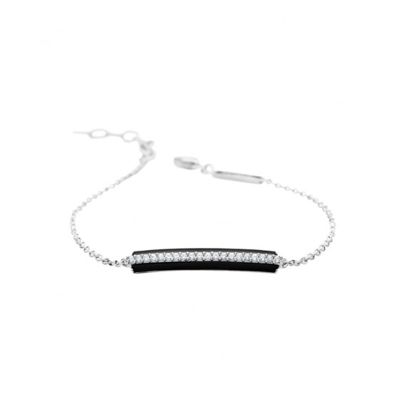 Bracelet Elsa Lee Paris avec chaîne en argent massif, motif ligne droite pavée d'émail noir et d'oxydes de Zirconium