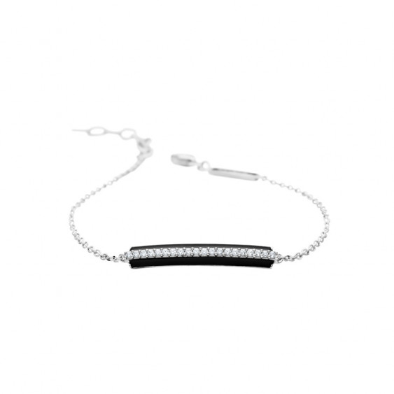 Elsa Lee Paris fine 925 sterling silver bracelet, black enamel and 20 clear Cubic Zirconia on silver chain