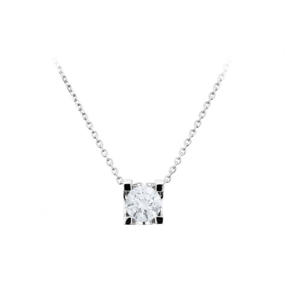 Collier Elsa Lee Paris, collection Tradition, chaîne en argent massif et pendant oxyde de Zirconium blanc serti griffe