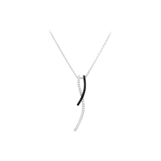 Collier Elsa Lee Paris, en argent 925, pendant forme de courbes incrustées d'oxydes de Zirconium noirs et blancs