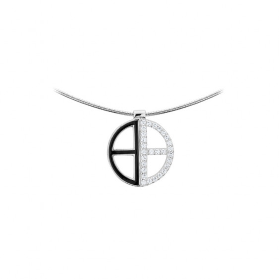 Collier rigide Elsa Lee Paris en argent 925, collection Tendance, pendant forme ronde avec croix, pavé d'émail noir et d'oxydes 