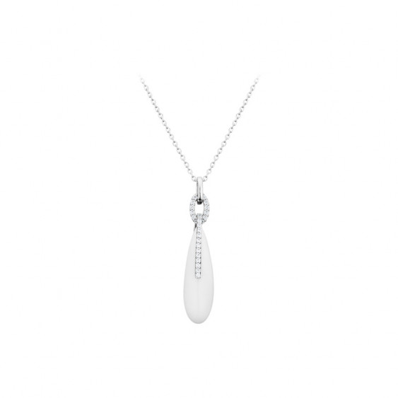 Collier Elsa Lee Paris en argent 925, collection Tendance, pendant avec oxydes de Zirconium et motif goutte d'eau en émail blanc