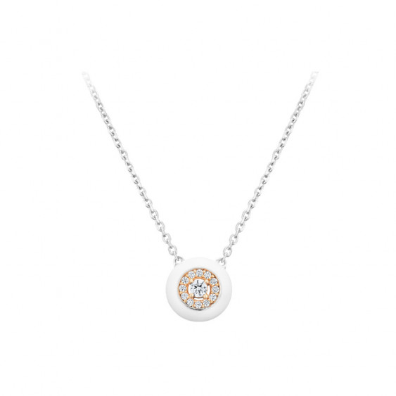 Collier Elsa Lee Paris, collection tendance, en argent 925, motif rond en émail blanc rhodié rose et oxydes de ZIrconium blancs 