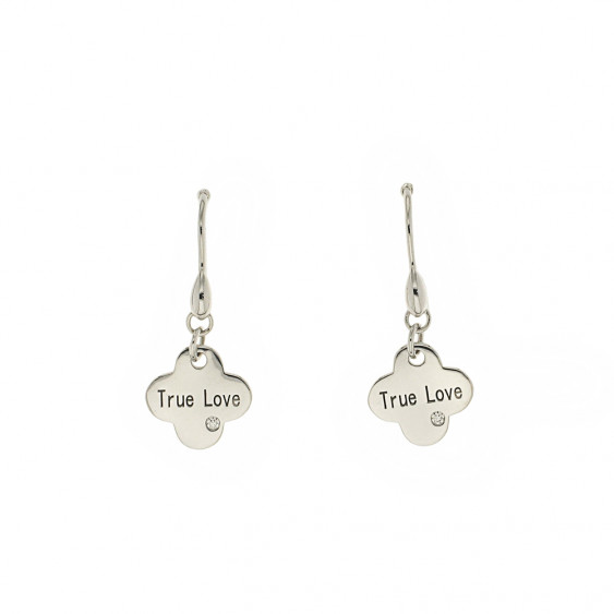 Elsa Lee Paris - 4-leaf clover shaped, True Love, sterling silver, rhodium coated dangling Earrings with 2 cubics Zirconia