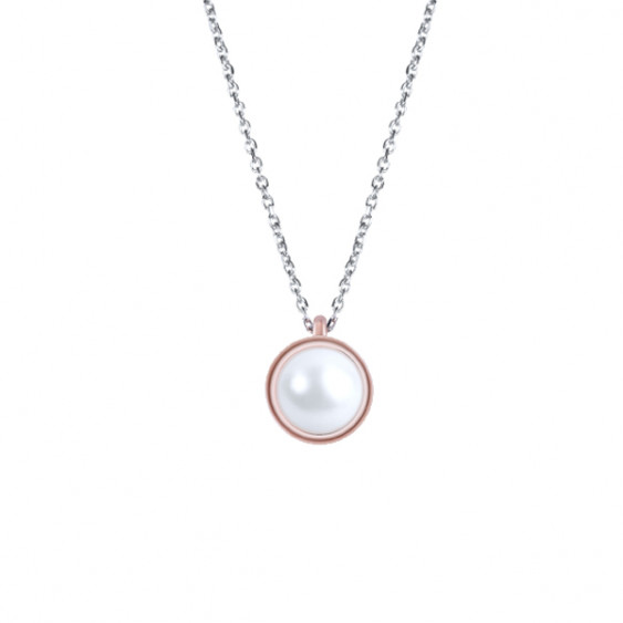 Collier Elsa Lee Paris, collection Memory en argent massif, deux perles blanches 6mm et socle rhodié rose