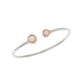 Bracelet jonc Elsa Lee Paris, collection Memory en argent massif, deux perles blanches 6mm et socles rhodiés rose