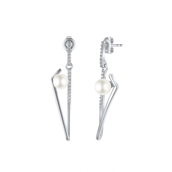 Boucles d'oreilles Elsa Lee Paris, collection Céleste en argent 925, monture en triangle incrustée d'oxydes de Zirconium et perl