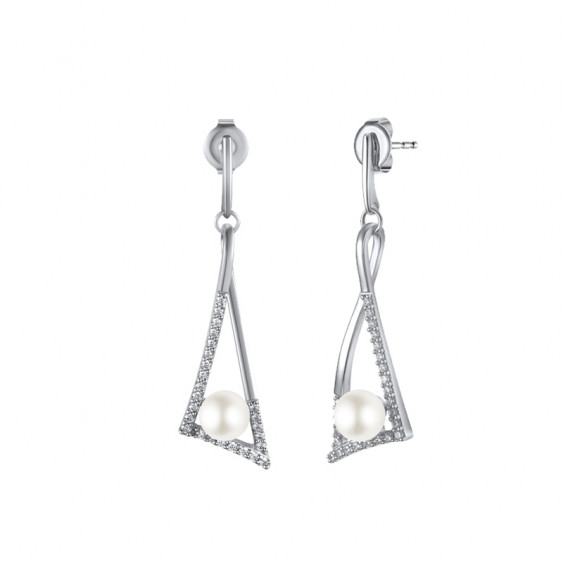 Boucles d'oreilles Elsa Lee Paris, collection Céleste en argent 925, monture en triangle incrustée d'oxydes de Zirconium et perl