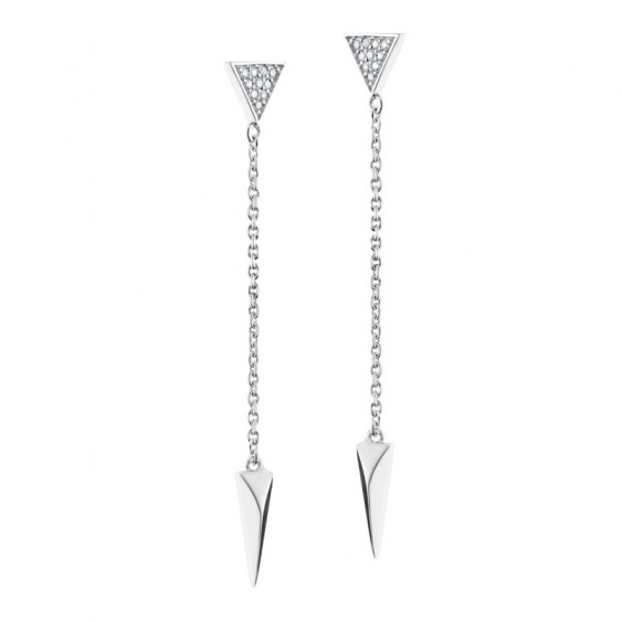 Triangle shaped earrings, modern design, sterling silver and rhodim coating, cubic zirconia