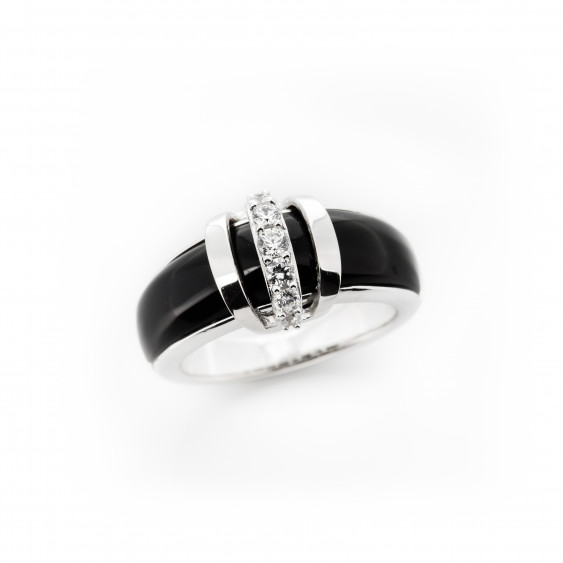 Bague Agate Elsa Lee Paris, argent 925, email noir et oxydes de Zirconium motif 3 baguettes