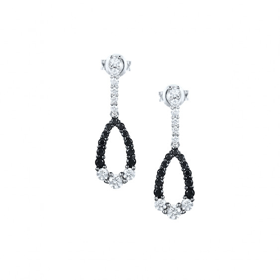 Boucles d'Oreilles pendantes Elsa Lee Paris en argent 925. Motif oval incrusté d'oxydes de Zirconium noirs et blancs