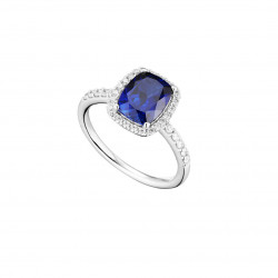 Emerald cut square sapphire blue stone ring in silver by Elsa Lee Paris traditional design blue stone