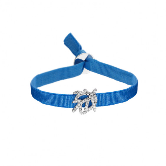 Bracelet Elsa Lee Paris avec motif en argent 925 rhodié avec 43 oxydes de zirconium sertis et ruban élastique bleu 