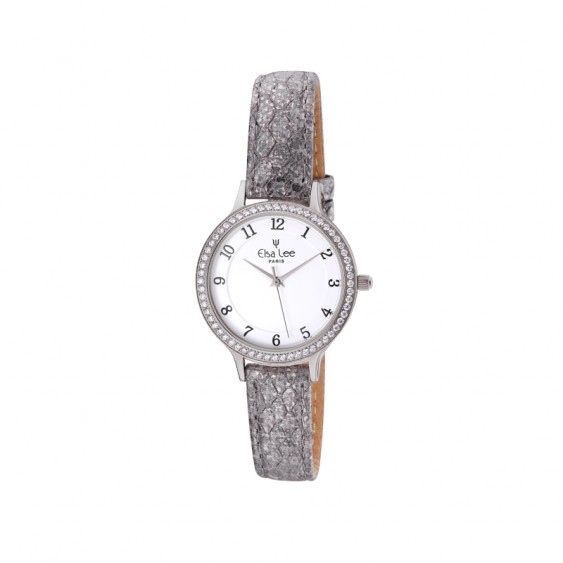 Slim grey leather straps watch with its white dial by Elsa Lee Paris