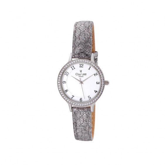 Petite montre nina au bracelet gris irisé en cuir et cadran blanc encerclé d'oxydes de zirconium