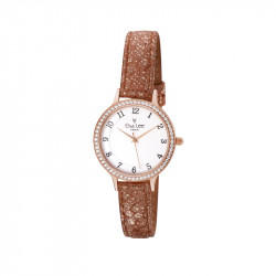 Rose gold dial watch with brown gleaming leather strap by Elsa Lee 