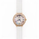 White leather strap watch with roman numerals and rose gold bezel