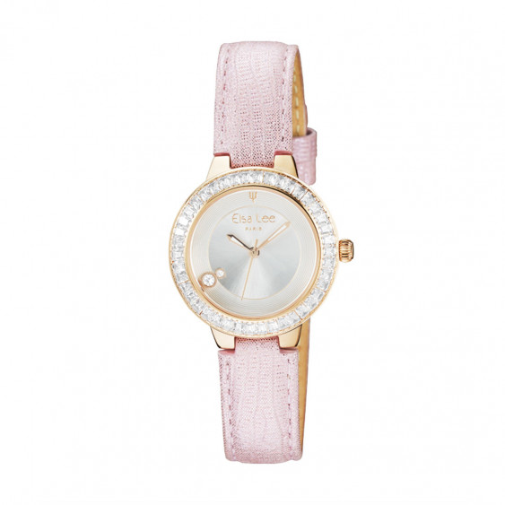 Watch with numberless dial and baby pink leather straps by Elsa Lee Paris