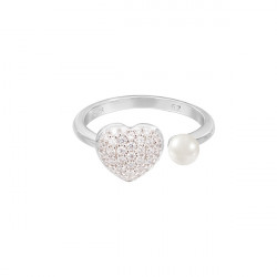 Elsa Lee Paris heart shaped silver sterling ring, rhodium coating and cubics zirconia and white pearl