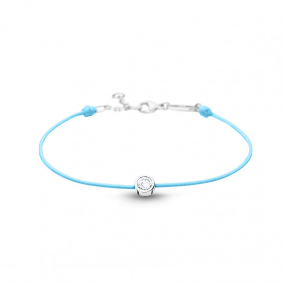 Bracelet Elsa Lee Paris en "Argent 925" - 1 oxyde de Zirconium 0,44ct serti clos sur cordon coton ciré bleu ciel