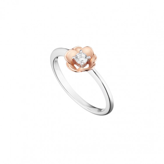 Elsa Lee Paris - Rhodium coated 925 silver with gilding rose on rose flower shape, 1 cubic zirconia 3mm 0,20ct set