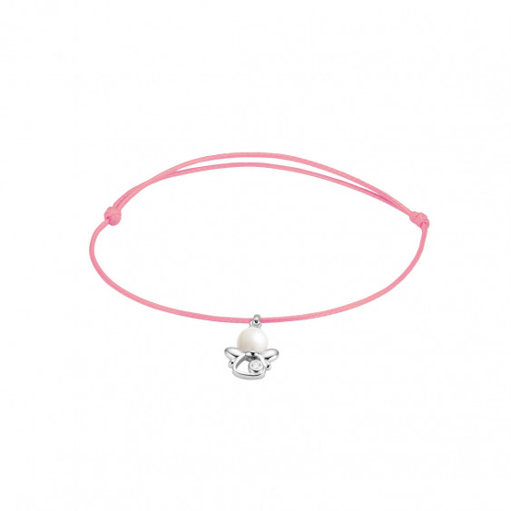 Elsa Lee Paris - Pink waxed cotton cord Clear Spirit bracelet with rhodium plated 925 silver Angel locket with 1 white pearl 6mm