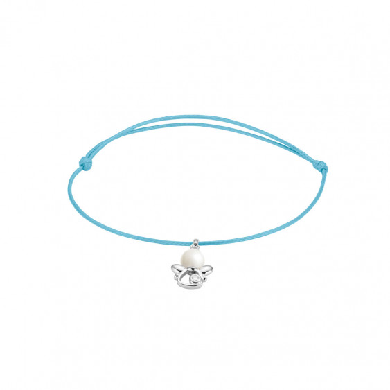 Elsa Lee Paris - Bracelet Clear Spirit sur cordon coton ciré bleu pendentif forme ange en argent 925 rhodié avec 1 perle blanche