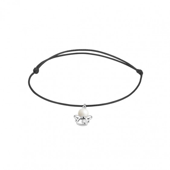 Elsa Lee Paris - Black waxed cotton cord Clear Spirit bracelet with rhodium plated 925 silver Angel locket with 1 white pearl 6m