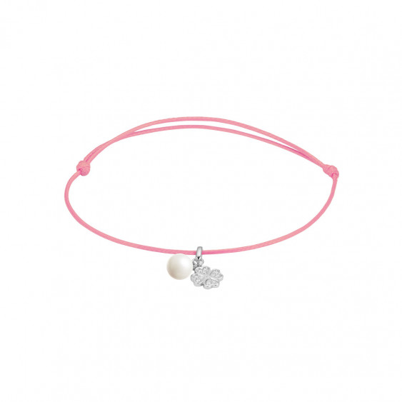 Elsa Lee Paris - Bracelet Clear Spirit sur cordon coton ciré rose pendentif en argent 925 rhodié avec 1 perle blanche 6mm et 12 