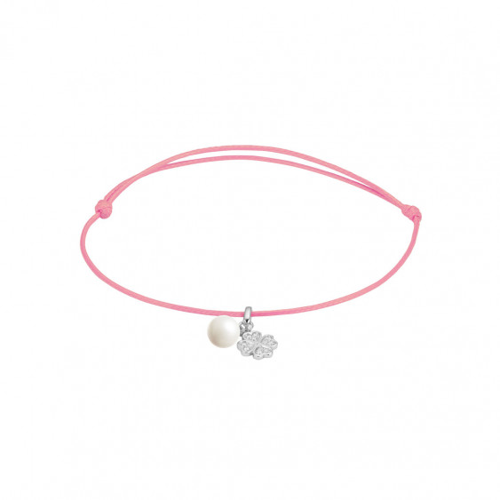 Elsa Lee Paris - Pink waxed cotton cord Clear Spirit bracelet with rhodium plated 925 silver locket with 1 white pearl 6mm and 1