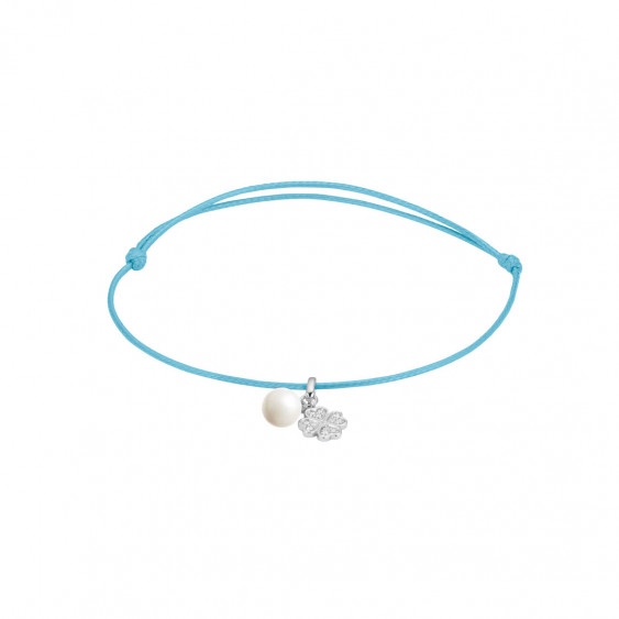 Elsa Lee Paris - Blue waxed cotton cord Clear Spirit bracelet with rhodium plated 925 silver locket with 1 white pearl 6mm and 1