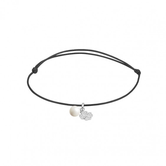 Elsa Lee Paris - Bracelet Clear Spirit sur cordon coton ciré noir chaine et pendentif en argent 925 rhodié avec 1 perle blanche 