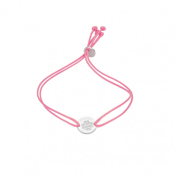 Elsa Lee Paris - Pink waxed cotton cord bracelet with rhodium plated 925 silver locket with lucky clover pattern incrusted by 2 