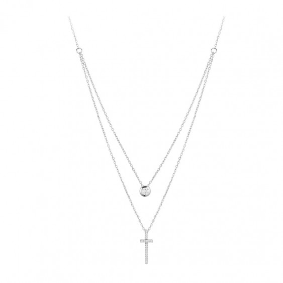 Collier double chaîne motif croix en argent par Elsa Lee paris 