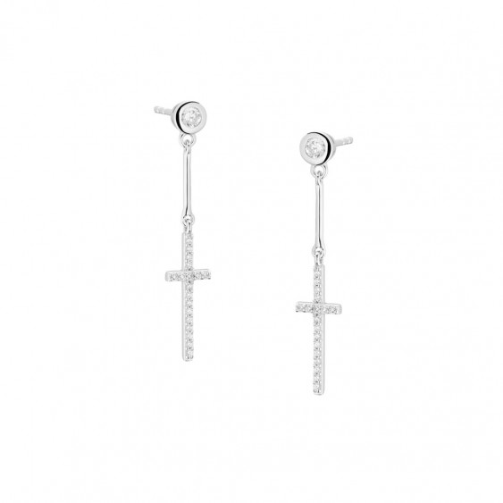 Boucles d'oreilles pendantes argent 925 rhodié et zirconiums, motif croix