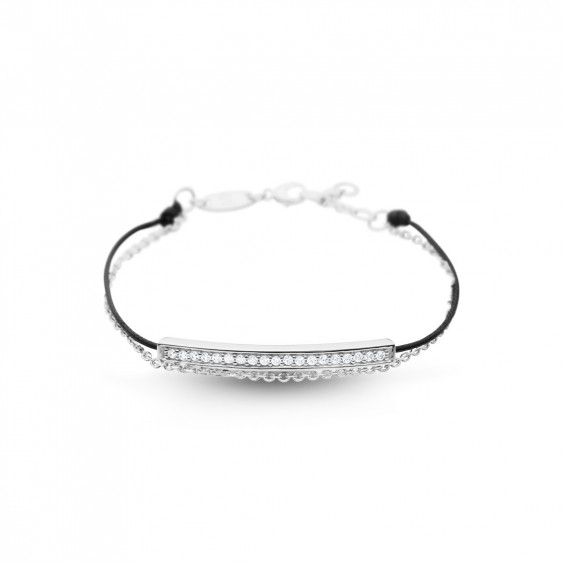 Elsa Lee Paris - Bracelet Clear Spirit en argent 925 rhodié sur cordon ciré noir imperméable, sertis d'oxydes de zirconium