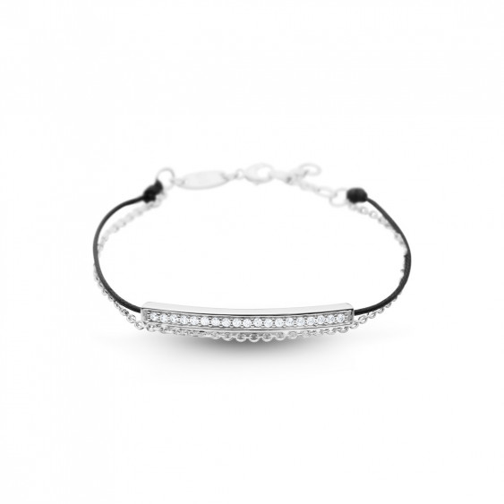 Elsa Lee Paris - Black waxed cotton cord Clear Spirit bracelet with rhodium plated 925 silver chain and line of cubics zirconia 