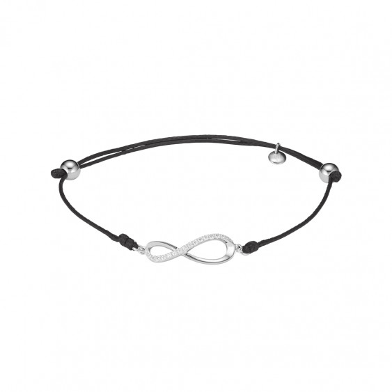 Clear Spirit rhodium coated 925 silver infinity sign bracelet on black waxed cotton 