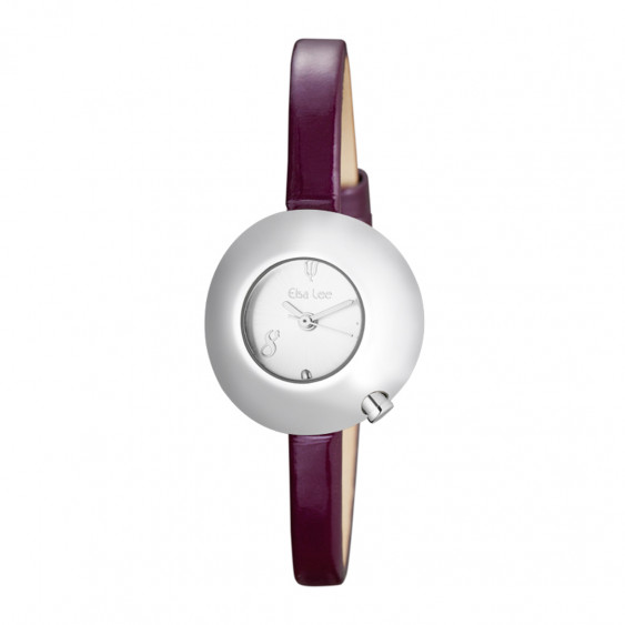 Woman's watch with white dial, domed case and purple leather strap
