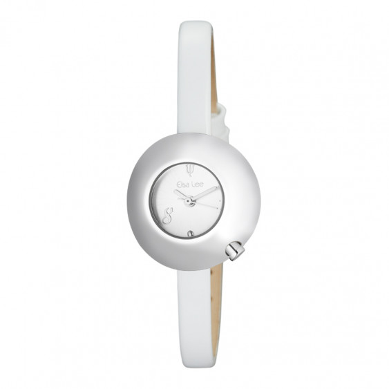 Montre femme cadran blanc boîtier bombé, bracelet cuir blanc