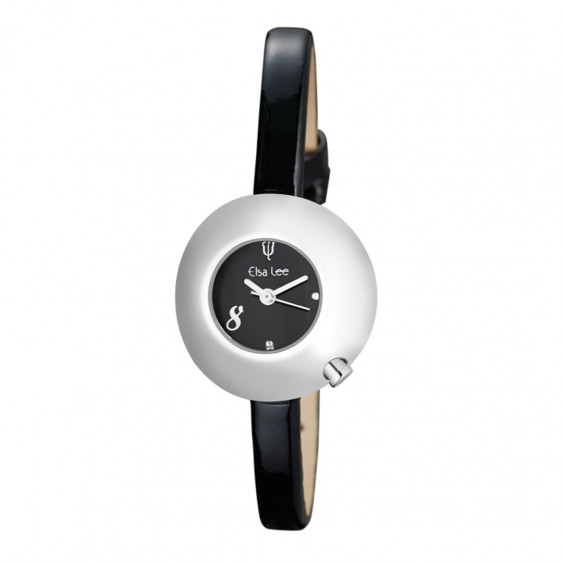 Woman's watch with black dial, domed case and black leather strap