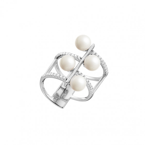 Rhodium coated silver multi-rows ring with white beads, Purity collection