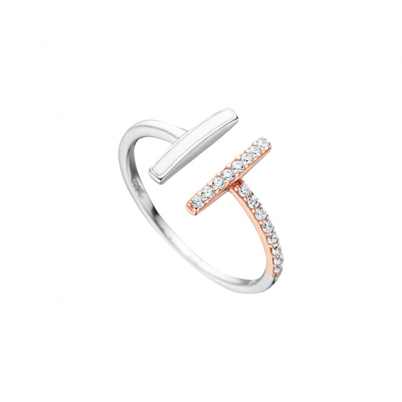 Elsa Lee Paris sterling silver ring, 2 lines with light pink enamel and Cubic Zirconia