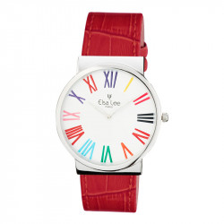Elsa Lee Paris watch for women, with silver case, colored Roman numerals and orange leather strap