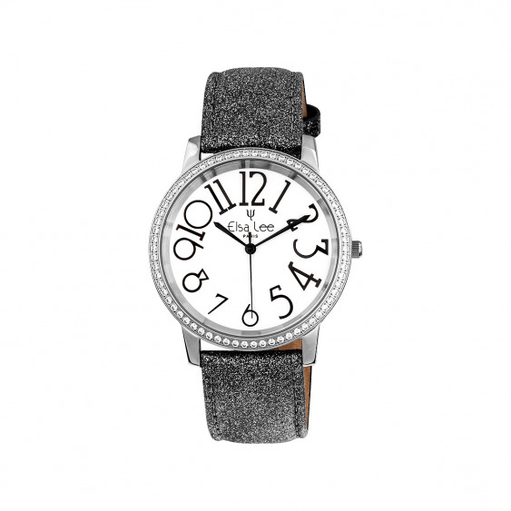 Dark Grey watch silver bezel and white dial with big numerals by Elsa Lee Paris 