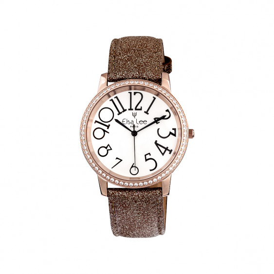 Elsa Lee Paris - Stella watch with Stanley Steel dial case 3ATM and asymmetric numerals, golden brown glittery leather strap